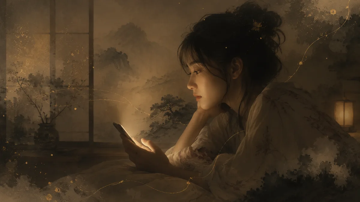 夜にスマホを見つめる女性