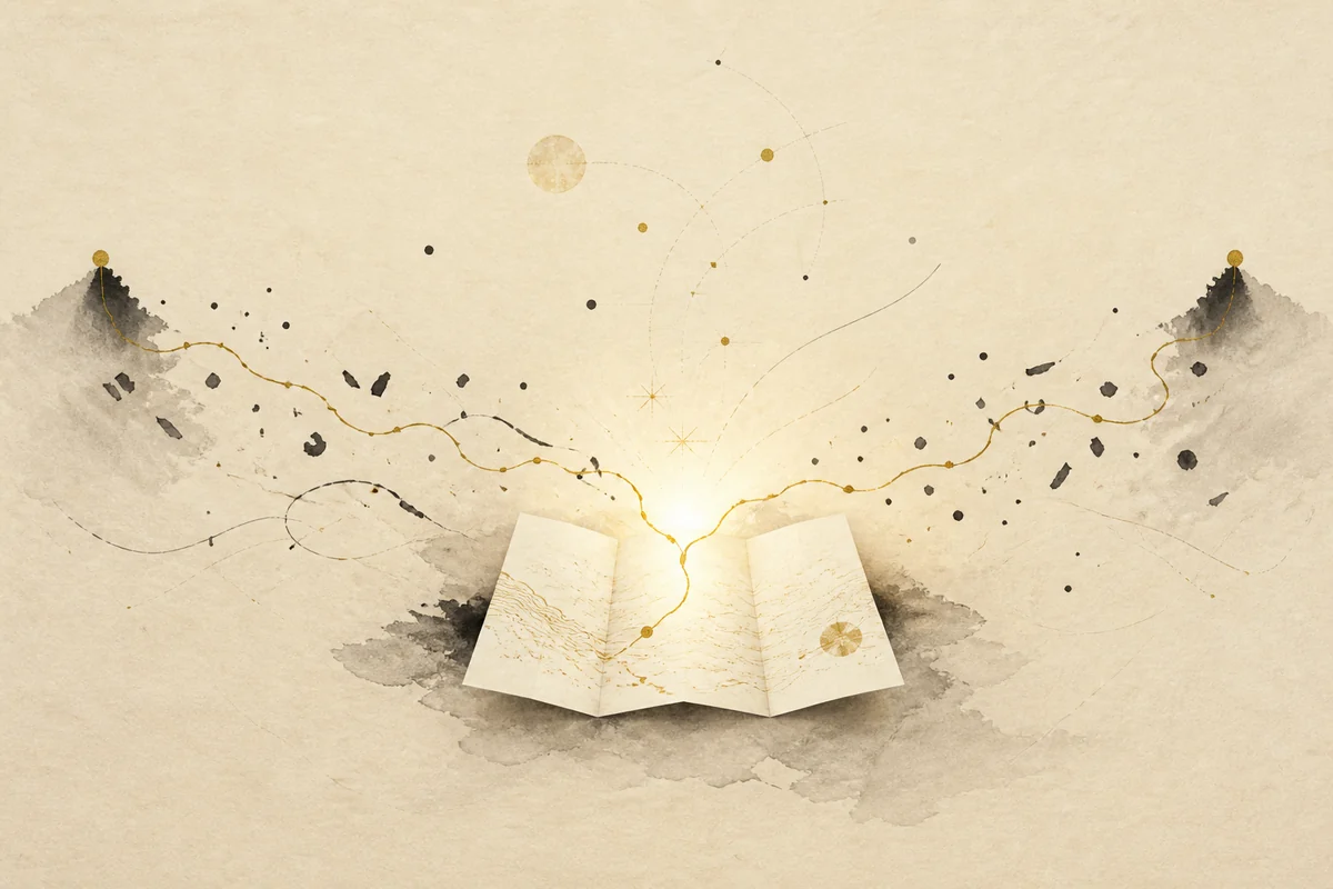 散らばった二人の情報が鑑定書の中で一本の流れにつながるイメージ