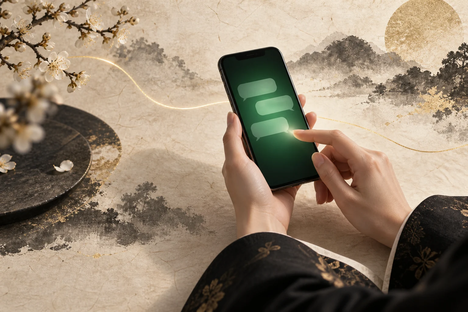 和紙と金の光に包まれたスマートフォンを操作する手元