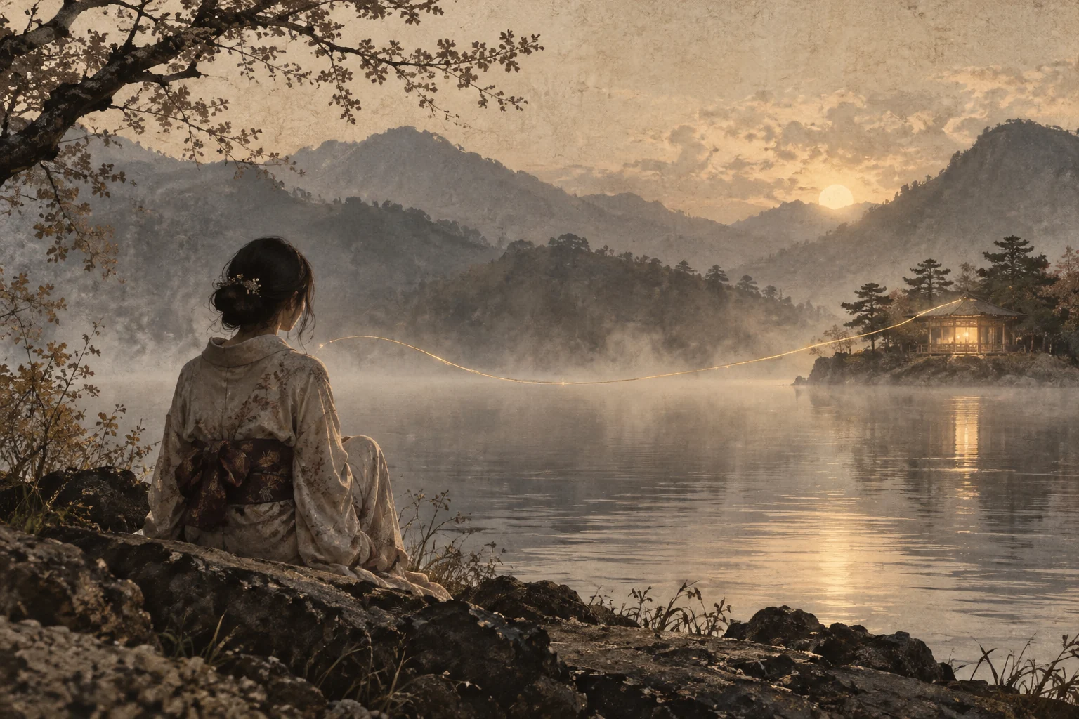 静かな湖の向こうへ、ご縁の光が細く伸びる情景